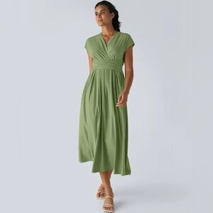 Halara Breezeful Short Sleeve Pocket Tie Back Quick Dry Midi Dress wasabi green